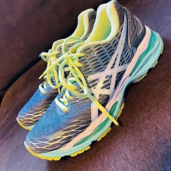 Excellent ASICS GEL NIMBUS 18 Grey Turquoise Lime Womens 7.5 US Medium 39 EUR - Picture 1 of 8
